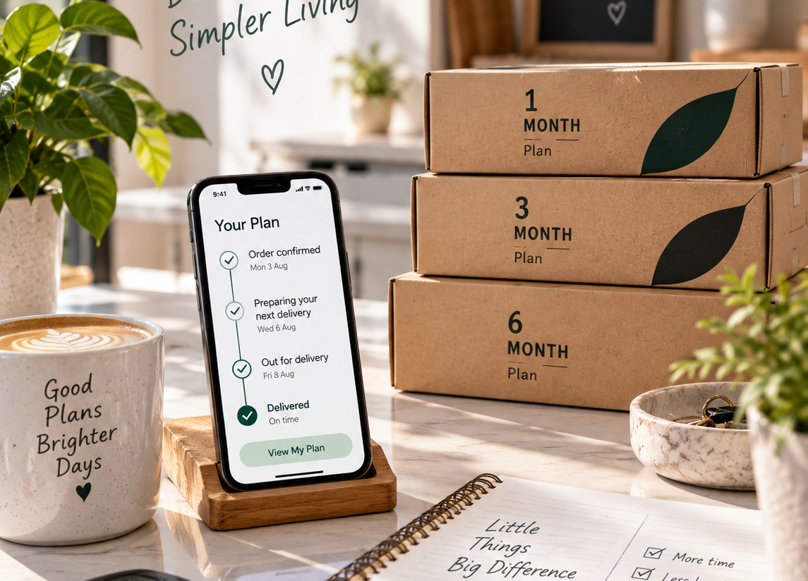 Warm home setting with parcels, a smartphone delivery timeline and planner representing scheduled Plan deliveries.