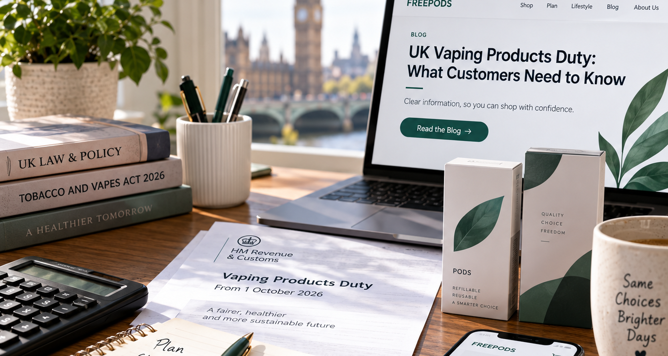Editorial illustration of vaping-liquid volume containers and a tax document representing the UK Vaping Products Duty.