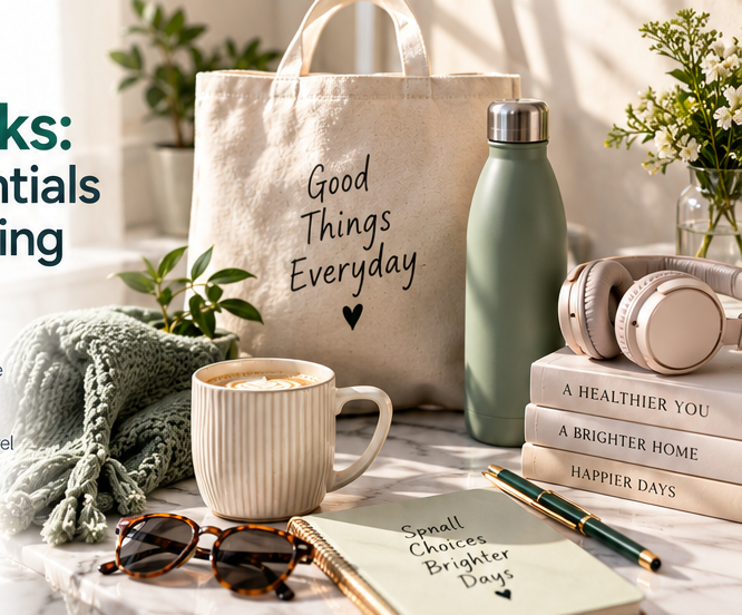 Editorial display of home, gift, beauty, fashion and technology accessories representing the FREEPODS Lifestyle Shop.