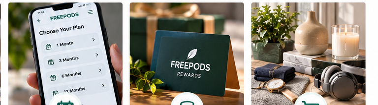 Editorial lifestyle imagery representing FREEPODS Plans, Points and Lifestyle features without depicting vape products.