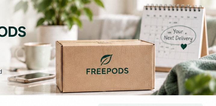 A FREEPODS delivery box beside a calendar in a neutral home setting, representing planned scheduled deliveries.