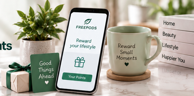 Lifestyle gifts and everyday items representing FREEPODS Points rewards.
