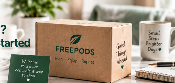 FREEPODS packaging and planning materials representing a guide to choosing compatible replacement pods.
